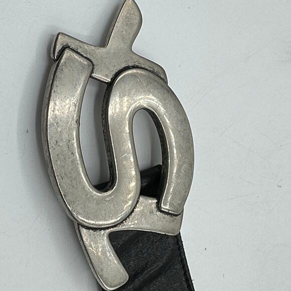 YVES SAINT LAURENT Silver Bubble Letter Logo Belt Leather Black Sz 100/40 $620 - Picture 4 of 8